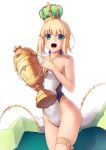  1girl absurdres ahoge artoria_pendragon_(all) artoria_pendragon_(swimsuit_archer) bangs blonde_hair blush boa_(brianoa) cape_removed casual_one-piece_swimsuit cowboy_shot crown fate/grand_order fate_(series) green_eyes hair_bun highres holding long_hair looking_at_viewer one-piece_swimsuit open_mouth simple_background smile solo swimsuit trophy white_background white_swimsuit 