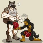  2019 4_toes 5_fingers ? abs anthro anthro_on_anthro beauceron biceps black_fur black_nose blue_eyes brasa briefs brown_eyes brown_fur brown_nose bulge canid canine canis claws clothed clothing clothing_lift doggieo doggieo_(character) domestic_dog duo english_text fingers fur gloves_(marking) grey_fur hand_on_bulge herding_dog hi_res husky leg_markings looking_down male male/male mammal markings multicolored_fur muscular muscular_male muscular_thighs nervous nordic_sled_dog on_knee pastoral_dog pawpads paws pecs shirt shirt_lift socks_(marking) speech_bubble spitz standing tank_top text thinking toe_claws toes topwear two_tone_fur underwear white_fur 