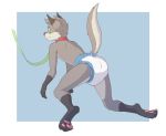  2017 anthro bodily_fluids butt canid canine canis claws collar diaper digital_media_(artwork) domestic_dog foxehhyz fur furgonomics green_eyes hi_res hindpaw leash looking_back male mammal multicolored_fur pawpads paws pink_pawpads raised_tail simple_background solo 