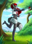  2019 5_fingers anthro black_nose canid canine clothed clothing day detailed_background female fingers fox grass hair jessie_(team_rocket) mammal midriff miosha navel nintendo outside pok&eacute;mon red_eyes red_hair sky solo team_rocket tree video_games 