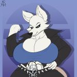  1:1 2019 absurd_res aerodraws anthro big_breasts black_nose black_sclera blue_eyes bottomwear breasts canid canine canis cleavage clothed clothing digital_media_(artwork) female fingers fist fur hi_res huge_breasts jacket leather leather_jacket luna_santiago_(lildredre) mammal midsection navel pants shirt simple_background solo standing tattoo topwear voluptuous white_fur wide_hips wolf 