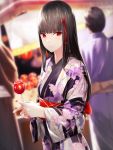  1girl bangs black_hair blunt_bangs blurry blurry_background candy_apple commentary_request depth_of_field food hime_cut japanese_clothes kageshio_(276006) kimono long_hair looking_at_viewer nail_polish obi original print_kimono red_eyes red_nails sash solo_focus summer_festival sweat upper_body 