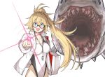  1girl absurdres blonde_hair blue_eyes fangs fate/grand_order fate_(series) glasses glowing_finger highres jacket jeanne_d&#039;arc_(fate)_(all) jeanne_d&#039;arc_(swimsuit_archer) kan_(aaaaari35) one-piece_swimsuit open_mouth pointing ponytail shark swimsuit whistle whistle_around_neck 