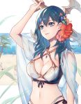  1girl bikini blue_eyes blue_hair breasts byleth_(fire_emblem) byleth_(fire_emblem)_(female) clovisxvii fire_emblem fire_emblem:_three_houses flower long_hair short_hair simple_background smile solo swimsuit sword upper_body weapon white_background 