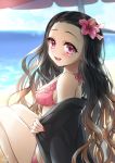  1girl 2019 :d adapted_costume bare_shoulders bikini bikini_under_clothes black_hair blue_sky blurry blurry_background blush breasts brown_hair cloud commentary_request day depth_of_field fangs fingernails flower gradient_hair hair_flower hair_ornament highres horizon kamado_nezuko kimetsu_no_yaiba long_hair looking_at_viewer looking_to_the_side medium_breasts mono_land multicolored_hair ocean off_shoulder open_clothes open_mouth outdoors pink_bikini pink_flower pink_nails purple_eyes sharp_fingernails signature sitting sky smile solo swimsuit very_long_hair water 