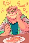 &lt;3 2019 absurd_res anthro clothing english_text eyes_closed eyewear food glasses heylaw21 hi_res hoodie humanoid_hands mammal pancake simple_background slightly_chubby text tokyo_afterschool_summoners topwear ursid video_games volos yellow_background 