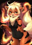  anthro arcanine black_fur blush breasts canid canine cub digital_media_(artwork) featureless_breasts female fire fur hi_res kemono mammal mane multicolored_fur navel nintendo nude open_mouth orange_fur pawpads pok&eacute;mon pok&eacute;mon_(species) shiitakemeshi solo stripes teeth video_games young 