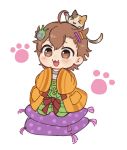  1boy ahoge animal animal_on_head brown_hair calico cat cat_on_head chibi child cushion fang hair_ornament hairclip idolmaster idolmaster_side-m japanese_clothes male_focus nekoyanagi_kirio on_head overalls roknichi519 sitting sleeves_past_wrists smile solo tassel wide_sleeves younger zabuton 