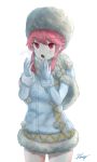  1girl :o blush chaciooh commentary_request eyebrows_visible_through_hair fur_trim gloves hat highres jacket jakuzure_nonon kill_la_kill looking_at_viewer pink_eyes pink_hair signature simple_background solo white_background white_gloves white_jacket winter_clothes 