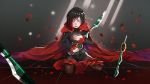  1girl bangs black_hair cloak commentary eyebrows_visible_through_hair frills highres holding holding_sword holding_weapon kneeling leaf long_sleeves looking_at_viewer multicolored_hair pantyhose red_hair red_skirt ruby_rose rwby short_hair silver_eyes skirt solo sword wangxiii weapon 