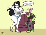  4:3 big_breasts breasts canid canine canis cleavage clothed clothing dialogue duo hi_res huge_breasts jamearts jimmy_(jamearts) kristen_wolfheart lizard mammal reptile scalie sofa wolf 