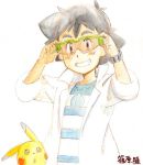  1boy gen_1_pokemon labcoat pikachu pokemon pokemon_(anime) pokemon_sm_(anime) satoshi_(pokemon) shinohara_takashi sunglasses 