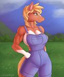  anthro blonde_hair breasts clothed clothing cooliehigh equid equine female green_eyes hair hi_res horse mammal muscular muscular_female overalls solo 
