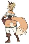  anthro blonde_hair boots butt canid canine clothed clothing female footwear fox hair legwear looking_back mammal robotjoe simple_background solo standing the_huntress_(realm_royale) thigh_highs white_background 