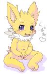  3_toes 4_fingers anthro blush cub eeveelution female fingers japanese_text jolteon nintendo pok&eacute;mon pok&eacute;mon_(species) purple_eyes pussy simple_background solo spread_pussy spreading text toes translation_request unknown_artist video_games white_background young 