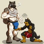  2019 4_toes 5_fingers ? abs anthro anthro_on_anthro beauceron biceps black_fur black_nose blue_eyes brasa brown_eyes brown_fur brown_nose bulge canid canine canis claws clothed clothing clothing_lift doggieo doggieo_(character) domestic_dog duo english_text fingers fur gloves_(marking) grey_fur hand_on_bulge herding_dog hi_res husky jockstrap leg_markings looking_down male male/male mammal markings multicolored_fur muscular muscular_male muscular_thighs nervous nordic_sled_dog on_knee pastoral_dog pawpads paws pecs shirt shirt_lift socks_(marking) speech_bubble spitz standing tank_top text thinking toe_claws toes topwear two_tone_fur underwear white_fur 