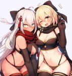  2girls ahoge bangs bare_shoulders bikini black_bikini black_bow black_gloves black_legwear black_scarf blonde_hair blush bow breasts cleavage dark_skin elbow_gloves fate/grand_order fate_(series) gloves grey_eyes hair_between_eyes hair_bow hand_gesture koha-ace large_breasts long_hair looking_at_viewer mou_tama_maru multi-strapped_bikini multiple_girls navel okita_souji_(alter)_(fate) okita_souji_(fate)_(all) okita_souji_(swimsuit_assassin)_(fate) one_eye_closed open_mouth red_scarf scarf short_hair single_glove smile swimsuit tassel thigh_strap thighhighs thighs tied_hair v very_long_hair white_hair yellow_eyes 