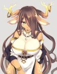  anthro antlers big_breasts breasts brown_fur brown_hair cernunnos_(full_bokko_heroes) clothed clothing female female_focus full_bokko_heroes_x fullbokko_heroes fur green_eyes hair hair_over_eye horn jewelry kemono long_hair looking_at_viewer mammal sgsix solo solo_focus wide_hips 
