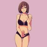  1girl ass_visible_through_thighs black_bra black_panties bra brown_eyes brown_hair covering covering_crotch cowboy_shot lace lace-trimmed_bra lace-trimmed_panties meiko one_eye_closed orange_skin panties pink_background short_hair simple_background smile solo sweat thigh_gap underwear underwear_only vocaloid yen-mi 