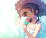  1girl bangs black_hair blue_eyes bracelet collarbone commentary_request day double_scoop dress flat_chest food glasses green-framed_eyewear hat holding holding_food ice_cream ice_cream_cone jewelry long_hair looking_at_viewer nekozuki_yuki open_mouth original outdoors semi-rimless_eyewear signature solo straw_hat summer sun_hat sundress sweat twintails unbuttoned under-rim_eyewear upper_body white_dress wiping_forehead wiping_sweat 