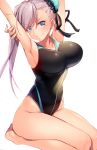  1girl armpits arms_behind_head arms_up asymmetrical_hair bangs bare_shoulders black_ribbon black_swimsuit blue_eyes blue_swimsuit breasts bun_cover closed_mouth collarbone covered_navel fate/grand_order fate_(series) feet hair_bun hair_ribbon highleg highleg_swimsuit highres kei_(soundcross) large_breasts long_hair looking_at_viewer miyamoto_musashi_(fate/grand_order) miyamoto_musashi_(swimsuit_berserker)_(fate) one-piece_swimsuit pink_hair ribbon seiza simple_background sitting smile solo swept_bangs swimsuit thighs two-tone_swimsuit white_background 