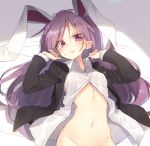  1girl animal_ears bangs black_jacket blazer blush breasts bunny_ears commentary_request eyebrows_visible_through_hair groin hair_between_eyes hands_up jacket long_hair long_sleeves looking_at_viewer lying navel on_back out-of-frame_censoring parted_lips pink_eyes purple_hair reisen_udongein_inaba satou_kibi shadow shirt small_breasts solo stomach touhou upper_body very_long_hair white_shirt wing_collar 