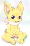  3_toes 4_fingers anthro censor_bar censored cub eeveelution female fingers hi_res jolteon nintendo pok&eacute;mon pok&eacute;mon_(species) purple_eyes pussy simple_background solo spread_pussy spreading toes unknown_artist video_games white_background young 