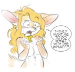  anthro blonde_hair blush canid canine collar covering_nipples embarrassed english_text female fennec fox fur hair hi_res jonas lock mammal multicolored_fur navel penny_fenmore simple_background solo speech_bubble tan_fur text white_fur 