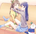  2girls bangs between_legs blue_hair blush closed_mouth commentary_request couch eyebrows_visible_through_hair grey_hair hand_on_another&#039;s_thigh hands_on_another&#039;s_shoulders kneeling long_hair long_sleeves looking_at_another love_live! love_live!_school_idol_project mechiko_(mmttkknn) minami_kotori multiple_girls one_side_up pajamas pout sitting sonoda_umi stuffed_animal stuffed_toy yellow_eyes yuri 