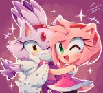  2019 accessory amy_rose anthro blaze_the_cat blush cheek_tuft clothing duo eulipotyphlan felid feline female fur gloves green_eyes hair_accessory hairband handwear hedgehog hi_res looking_at_viewer mammal one_eye_closed open_mouth open_smile purple_fur simple_background smile sonic_(series) sonicaimblu19 tuft video_games wink yellow_eyes 