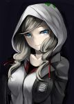  1girl bangs black_background black_jacket blazer blue_eyes collarbone highres hood hood_up hooded_sweater jacket long_hair looking_at_viewer nemu_(nebusokugimi) open_blazer open_clothes open_jacket persona persona_5 silver_hair smile solo sweater swept_bangs takamaki_anne upper_body white_sweater 