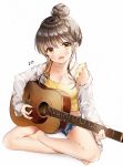  1girl :d bare_legs bare_shoulders barefoot blush breasts brown_hair cleavage collarbone denim denim_shorts dress_shirt frills guitar hair_bun highres indian_style instrument long_hair long_sleeves looking_at_viewer medium_breasts midriff music musical_note off_shoulder open_clothes open_mouth open_shirt orange_eyes original playing_instrument shirt short_shorts shorts sidelocks simple_background sitting sleeveless sleeveless_shirt smile solo thighs tied_hair undershirt weri white_background white_shirt yellow_shirt 