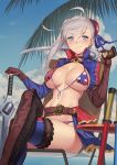  1girl ahoge american_flag_bikini asymmetrical_gloves asymmetrical_hair asymmetrical_legwear bangs beach belt belt_buckle bikini blue_eyes blue_sky blush breasts buckle bun_cover cleavage closed_mouth cloud commentary_request duan_henglong eyebrows_visible_through_hair fate/grand_order fate_(series) fingerless_gloves flag_print gloves gunblade hair_between_eyes hair_bun highres holding holding_weapon large_breasts long_hair looking_at_viewer miyamoto_musashi_(fate/grand_order) miyamoto_musashi_(swimsuit_berserker)_(fate) navel ocean outdoors palm_leaf silver_hair sitting sky smile solo swept_bangs swimsuit thighhighs weapon 