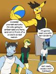 anthro anthrofied ball bottomwear clothed clothing comic fully_clothed fuze hi_res male nintendo pikachu pok&eacute;mon pok&eacute;mon_(species) riolu shinx shirt shorts snivy sport t-shirt tank_top topwear video_games volleyball volleyball_(ball) 