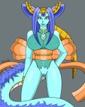  asian bedroom_eyes big_breasts blue_hair blue_skin bracelet breasts canastus clothing crown dragon dragon_ball dragon_ball_gt dress ear_piercing female fur hair half-closed_eyes half_naked humanoid japanese_clothing jewelry kimono lipstick long_hair long_tail looking_at_viewer makeup monster_girl_(genre) oceanus_shenron piercing pinup pose pussy ribbons seductive simple_background smile solo spikes tiara villainous wide_hips 