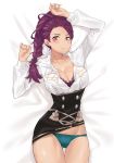  1girl arm_up ass_visible_through_thighs blue_panties bra braid breasts brown_eyes collarbone facial_tattoo fire_emblem fire_emblem:_three_houses j@ck lace lace-trimmed_bra large_breasts looking_at_viewer lying on_back open_clothes open_shirt panties petra_mcnairy purple_hair skirt skirt_lift solo tan tattoo thigh_gap underwear 