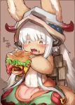  ambiguous_gender anthro burger clothing cub eating food hat headgear headwear hi_res ksyaro lagomorph made_in_abyss mammal messy nanachi open_mouth solo young 