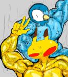  2019 absurd_res anthro anthrofied bodily_fluids duo hi_res kyaramerucocoa male muscular muscular_male nintendo nude pikachu piplup pok&eacute;mon pok&eacute;mon_(species) pok&eacute;morph sweat video_games 