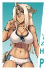  1girl abs bracelet breasts character_name cleavage dark_skin dragon_girl endless_library green_eyes horns jewelry large_breasts lizhp_libellus_aetern-ritter long_hair monster_girl navel original pointy_ears shorts solo swimsuit tail tankini thick_eyebrows whistle_frog white_shorts 
