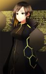  1girl asymmetrical_hair binah_(lobotomy_corporation) black_cape black_dress breasts brown_eyes brown_hair cape closed_mouth dress earrings frown fur_collar jewelry large_breasts lobotomy_corporation medium_hair mole mole_under_eye multicolored_hair nidaime_(doronbo) orange_hair solo taut_clothes taut_dress two-tone_hair 