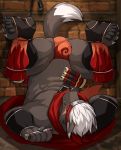  5_fingers 5_toes accessory anthro balls biped brown_fur canid canine canis detailed_background domestic_dog drks fingers fur hair headband hi_res humanoid_hands male mammal nipples pawpads red_eyes scaf scar scrolls solo tadatomo toes tokyo_afterschool_summoners video_games white_hair yellow_sclera 