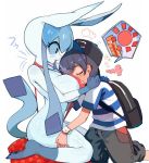  2019 anthro big_breasts blue_eyes blue_fur bottomwear breast_pillow breasts clothing duo eeveelution female fur glaceon hat headgear headwear human koutamii male male/female mammal nintendo pants pok&eacute;mon pok&eacute;mon_(species) red_clothing shirt side_view simple_background smile topwear video_games white_background 