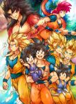  6+boys aqua_eyes ayo_(isy8800) black_eyes black_hair blonde_hair carrying cloud dougi dragon_ball dragon_ball_(classic) dragon_ball_gt dragon_ball_z earth feathers fur hand_on_hip male_focus monkey_tail multiple_boys multiple_persona muscle red_eyes red_hair smile son_gokuu super_saiyan super_saiyan_3 super_saiyan_4 super_saiyan_god tail wristband yellow_eyes 