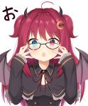  1girl absurdres adjusting_eyewear ahoge bespectacled blush breasts cleavage crescent crescent_hair_ornament demon_horns demon_wings fang glasses hair_ornament heterochromia highres horns long_hair looking_at_viewer nijisanji open_mouth portrait red_hair simple_background solo tyoko_tanuki16 virtual_youtuber white_background wings yuzuki_roa 