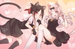  2girls :d animal_ears artist_name bangs bell black_bow black_dress black_gloves black_hair black_legwear bow cat_ears cat_tail commentary_request dress eyebrows_visible_through_hair fujiwara_chika gloves hair_bow haiyun heart kaguya-sama_wa_kokurasetai_~tensai-tachi_no_renai_zunousen~ kneehighs long_hair looking_at_viewer multiple_girls open_mouth parted_bangs red_eyes red_ribbon ribbon shinomiya_kaguya short_hair smile tail white_gloves white_hair white_legwear 