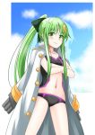  1girl alternate_costume bikini black_bikini bow cloud cloudy_sky collarbone commentary_request crescent crescent_hair_ornament crossed_arms eyebrows_visible_through_hair green_eyes green_hair hair_between_eyes hair_bow hair_ornament ichimi jacket kantai_collection long_hair looking_at_viewer nagatsuki_(kantai_collection) navel open_clothes open_jacket sidelocks sky solo swimsuit v-shaped_eyebrows 
