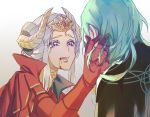  2girls artist_request blonde_hair blood blood_from_mouth byleth_(fire_emblem) edelgard_von_hresvelg fire_emblem fire_emblem:_three_houses green_hair hair_ornament long_hair multiple_girls older sad short_hair simple_background smile spoilers years 