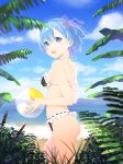  1girl :d ass ball beach beachball bikini black_bikini blue_eyes blue_hair blue_sky cloud day frilled_bikini frills from_side hair_between_eyes hair_ornament hair_ribbon highres holding holding_ball ocean open_mouth outdoors pink_ribbon re:zero_kara_hajimeru_isekai_seikatsu rem_(re:zero) ribbon ribbon-trimmed_bikini shikaemon shiny shiny_hair short_hair sky smile solo standing swimsuit x_hair_ornament 