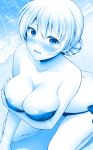  1girl areola_slip areolae bare_shoulders beach bikini blue_theme blush breasts chacharan cleavage collarbone commentary_request darjeeling eyebrows_visible_through_hair from_above girls_und_panzer highres kneeling large_breasts looking_at_viewer monochrome nose_blush sand short_hair solo sunlight swimsuit water 