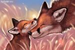  2019 ambiguous_gender black_nose canid canine day detailed_background digital_media_(artwork) duo eyes_closed feral flashw fox grass mammal nuzzling outside smile young 